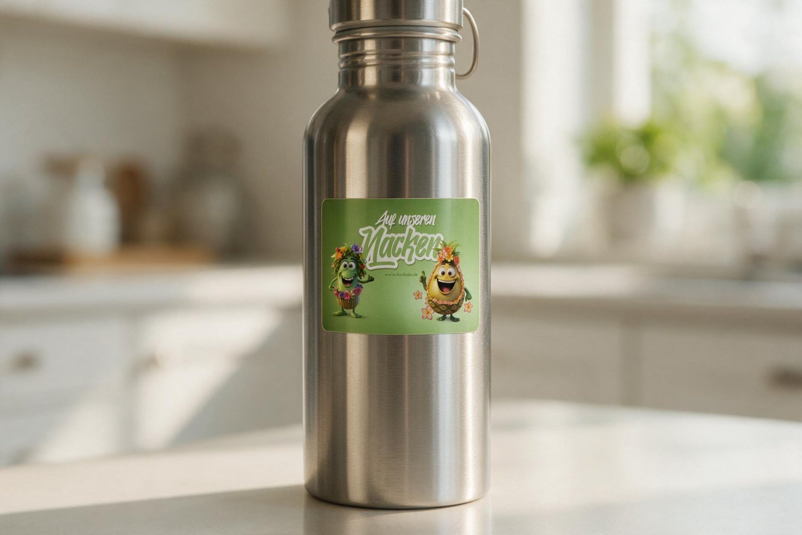 Sticker Auf unseren Nacken auf einer Edelstahlflasche in einer Küche