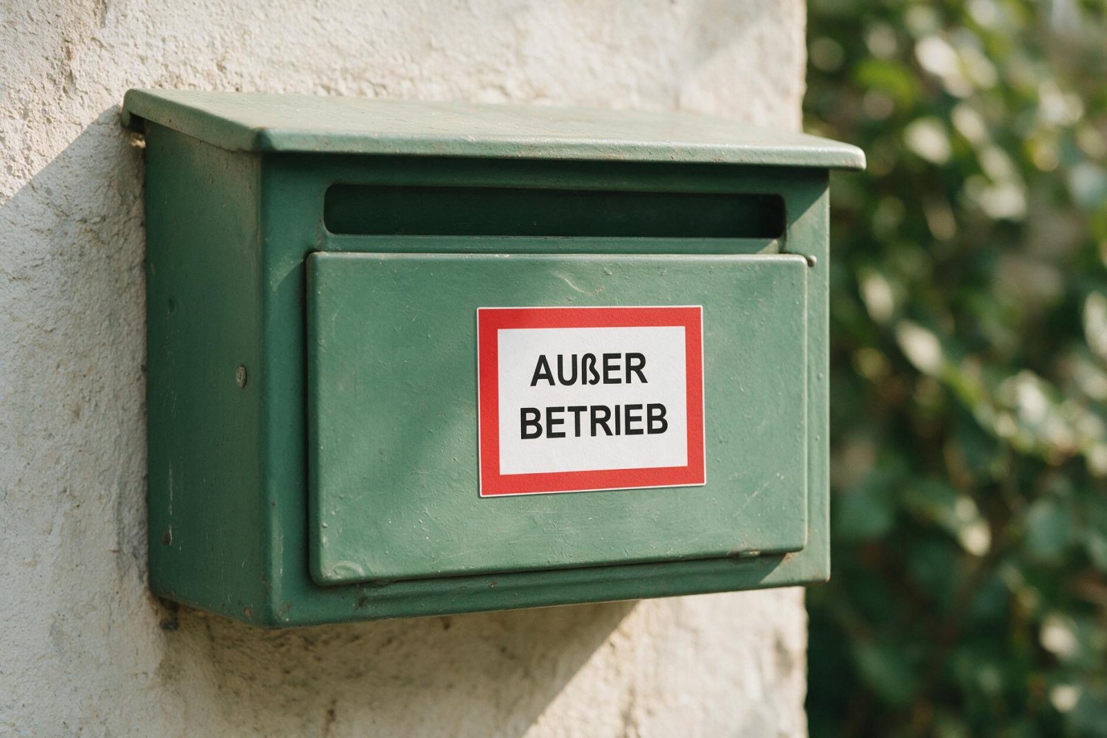 Sticker Außer Betrieb auf einem verwitterten grünen Metallbriefkasten