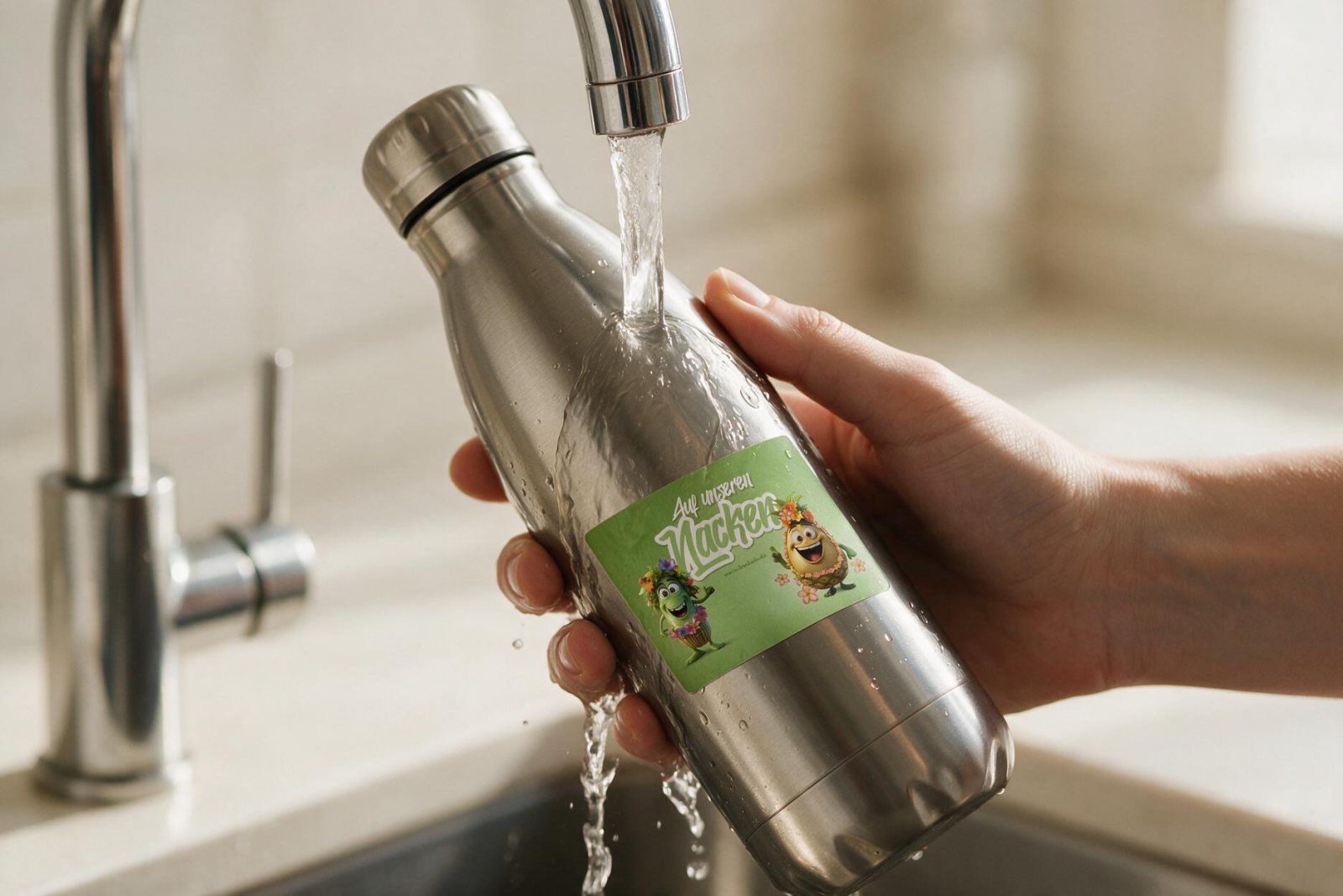 Beklebte Edelstahlflasche wird unter fließendem Wasser gespült, der Sticker hält