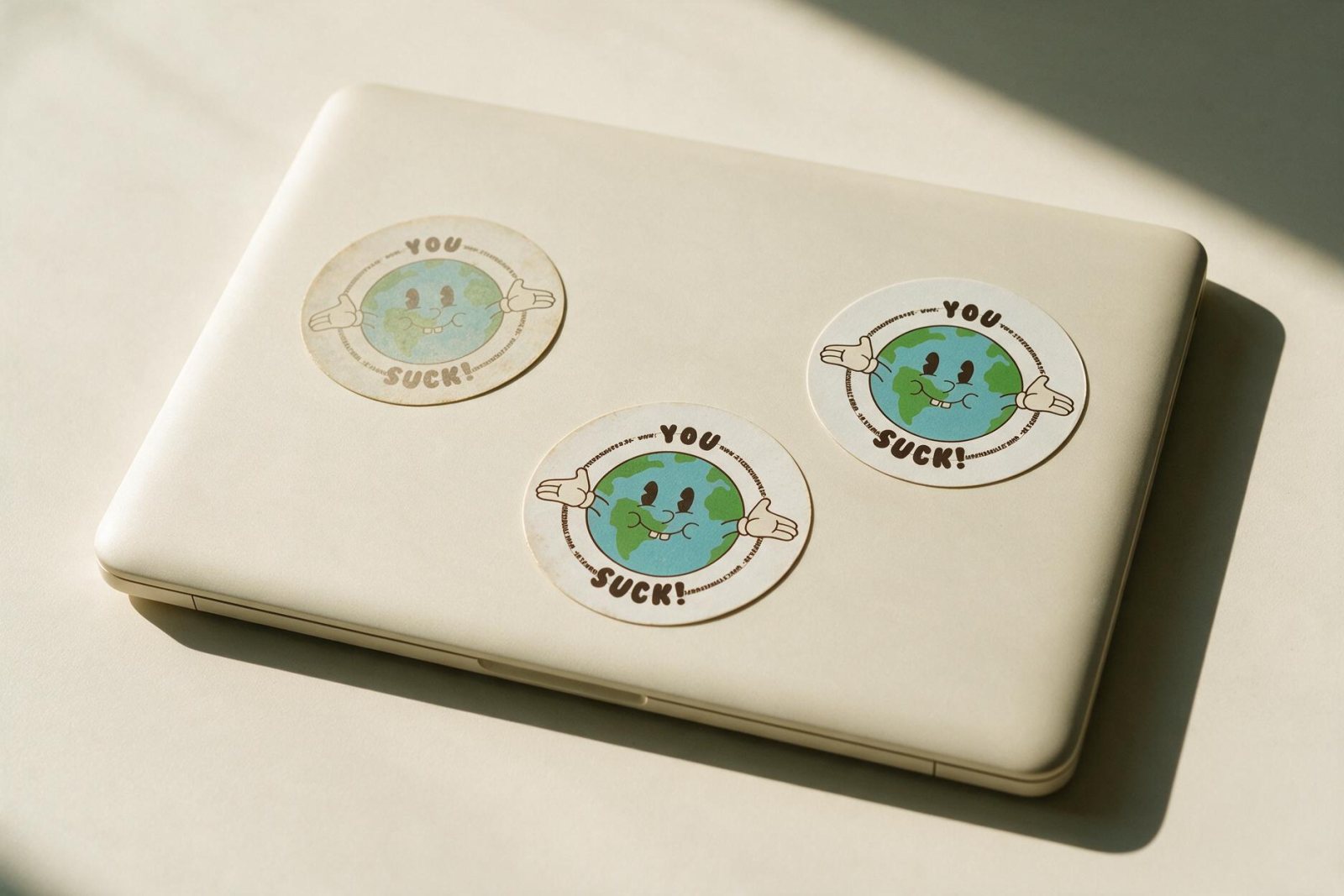 Drei gleiche You-Suck-Sticker auf einem Laptopdeckel, einer davon von der Sonne ausgeblichen