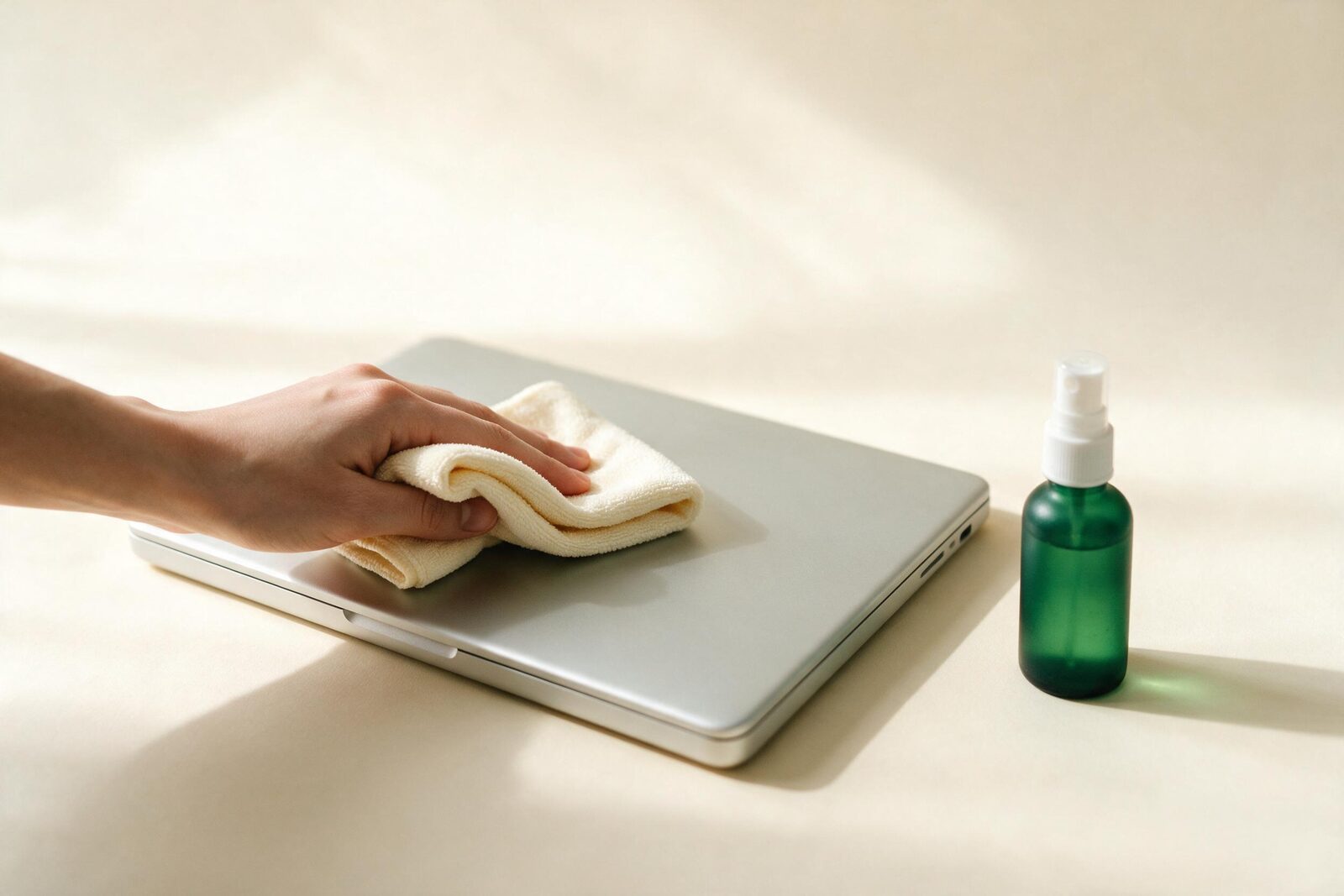 Laptopdeckel wird mit einem Tuch und Isopropanol gereinigt