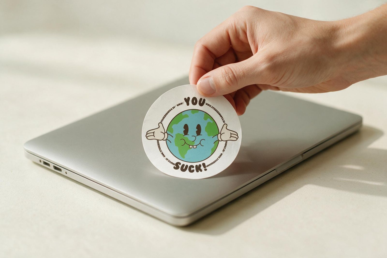 Ein You-Suck-Sticker wird vom Trägerpapier abgezogen