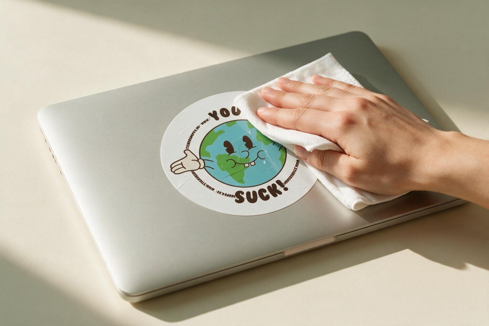 Ein Tuch streicht über den aufgeklebten Sticker und drückt Luftblasen heraus