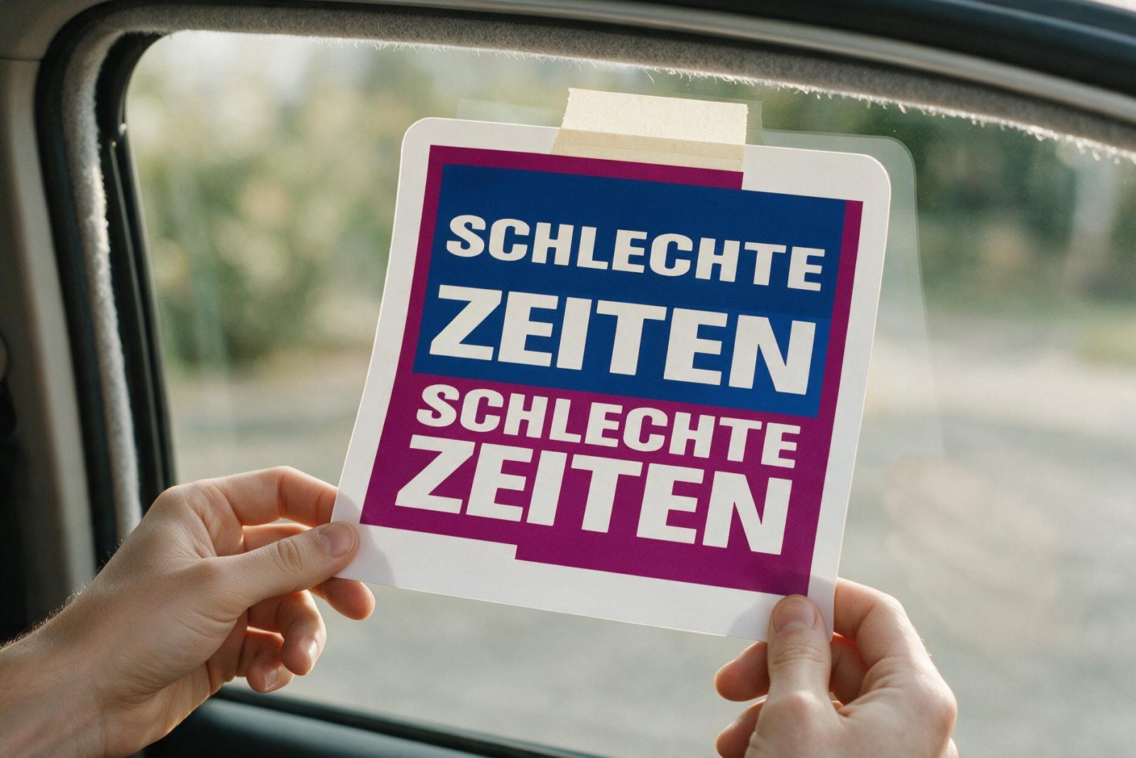 Großer Sticker wird mit Klebeband an der Oberkante fixiert