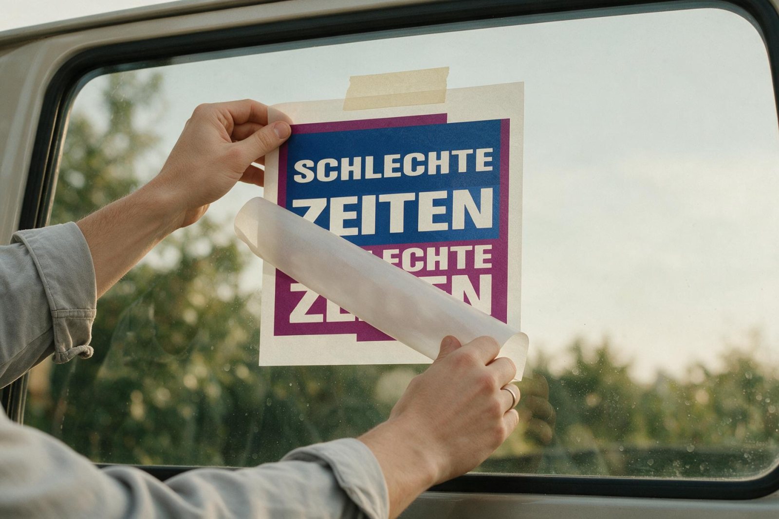 Sticker wird am Tape-Scharnier hochgeklappt und das Trägerpapier abgezogen