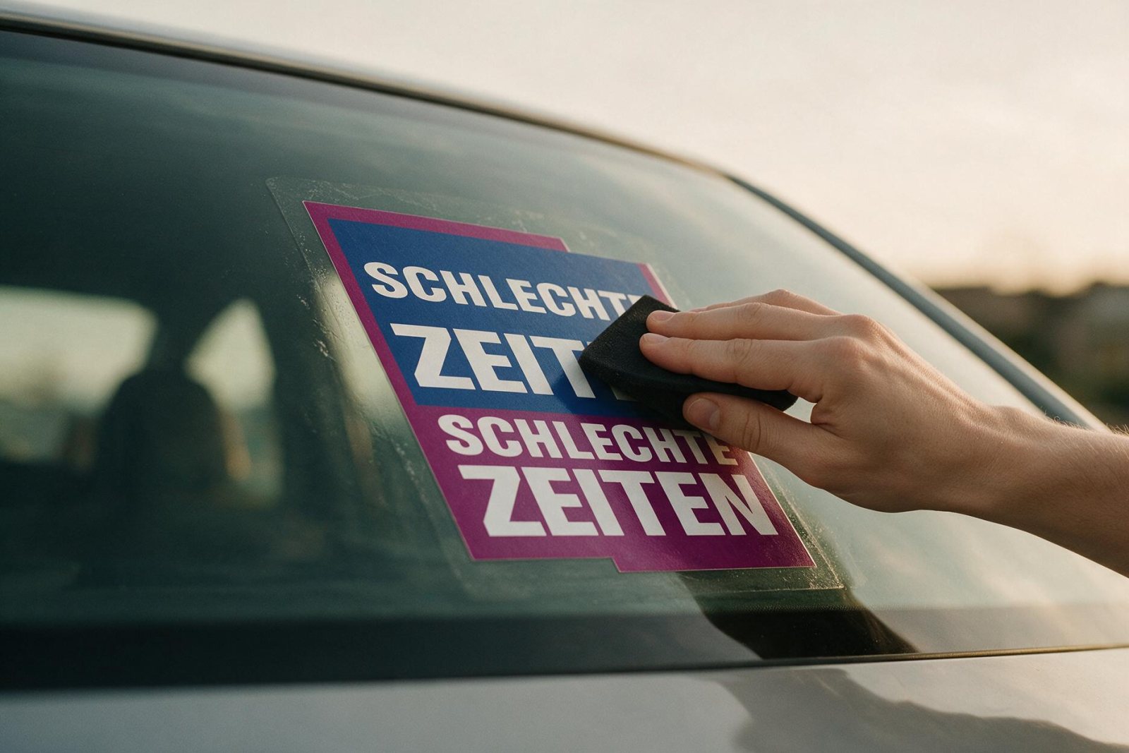Sticker wird mit einer Rakel von der Mitte nach außen angedrückt