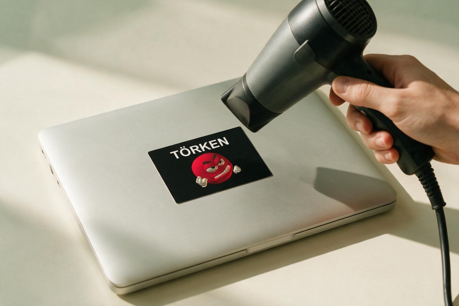 Der Törken-Sticker auf dem Laptopdeckel wird mit dem Föhn erwärmt