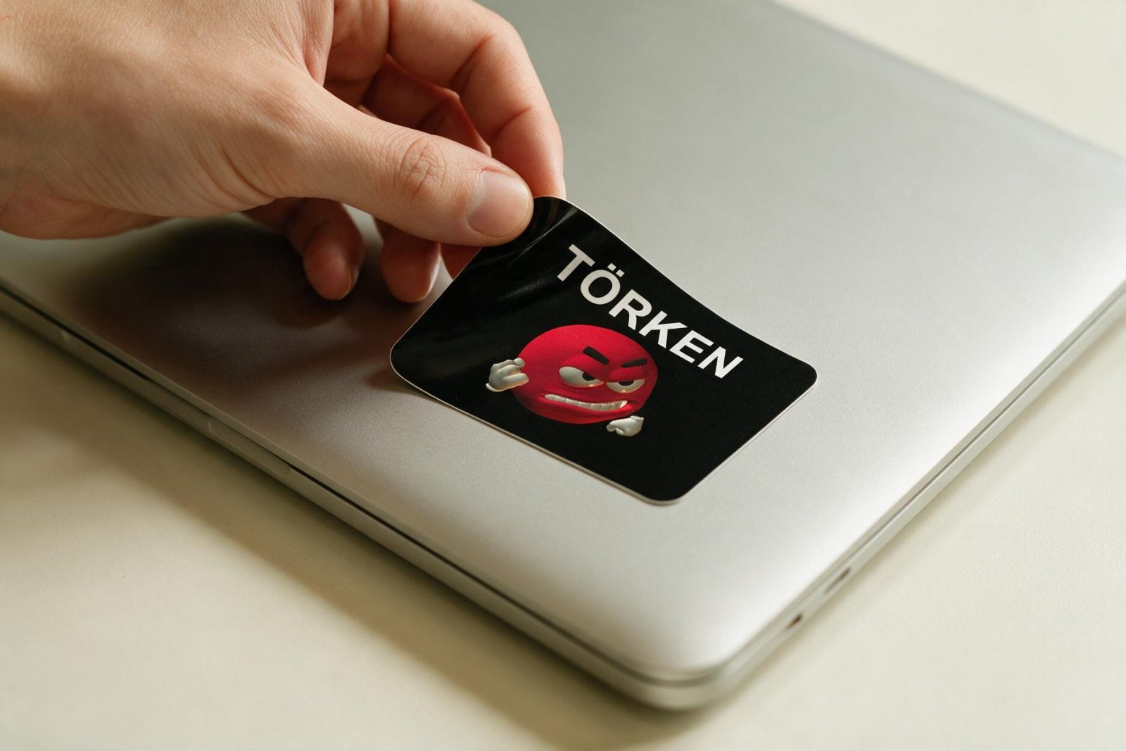 Eine Ecke des Törken-Stickers wird vom Laptopdeckel angehoben