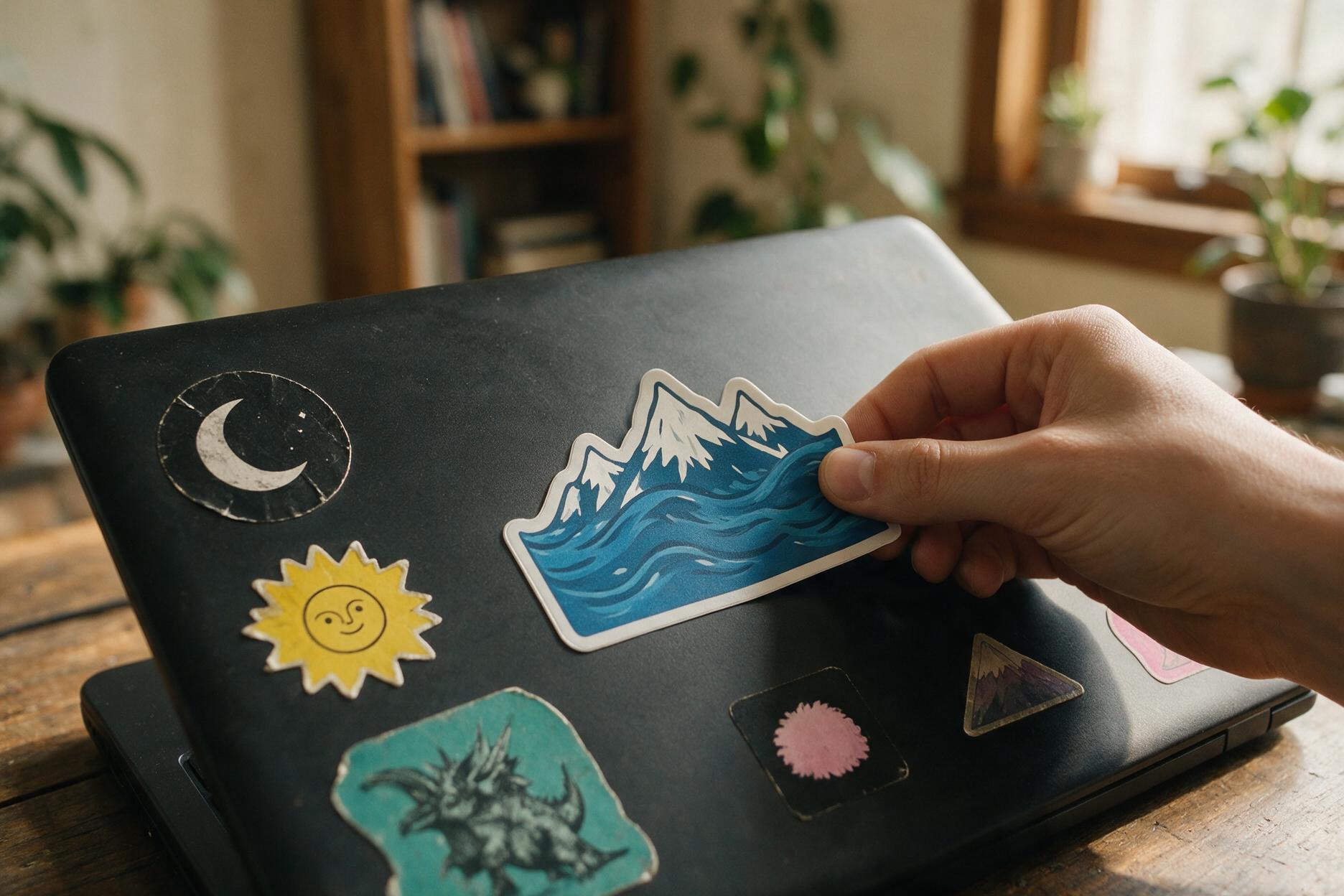 Hand drückt einen rechteckigen Sticker auf einen Laptopdeckel und streicht die Kante glatt