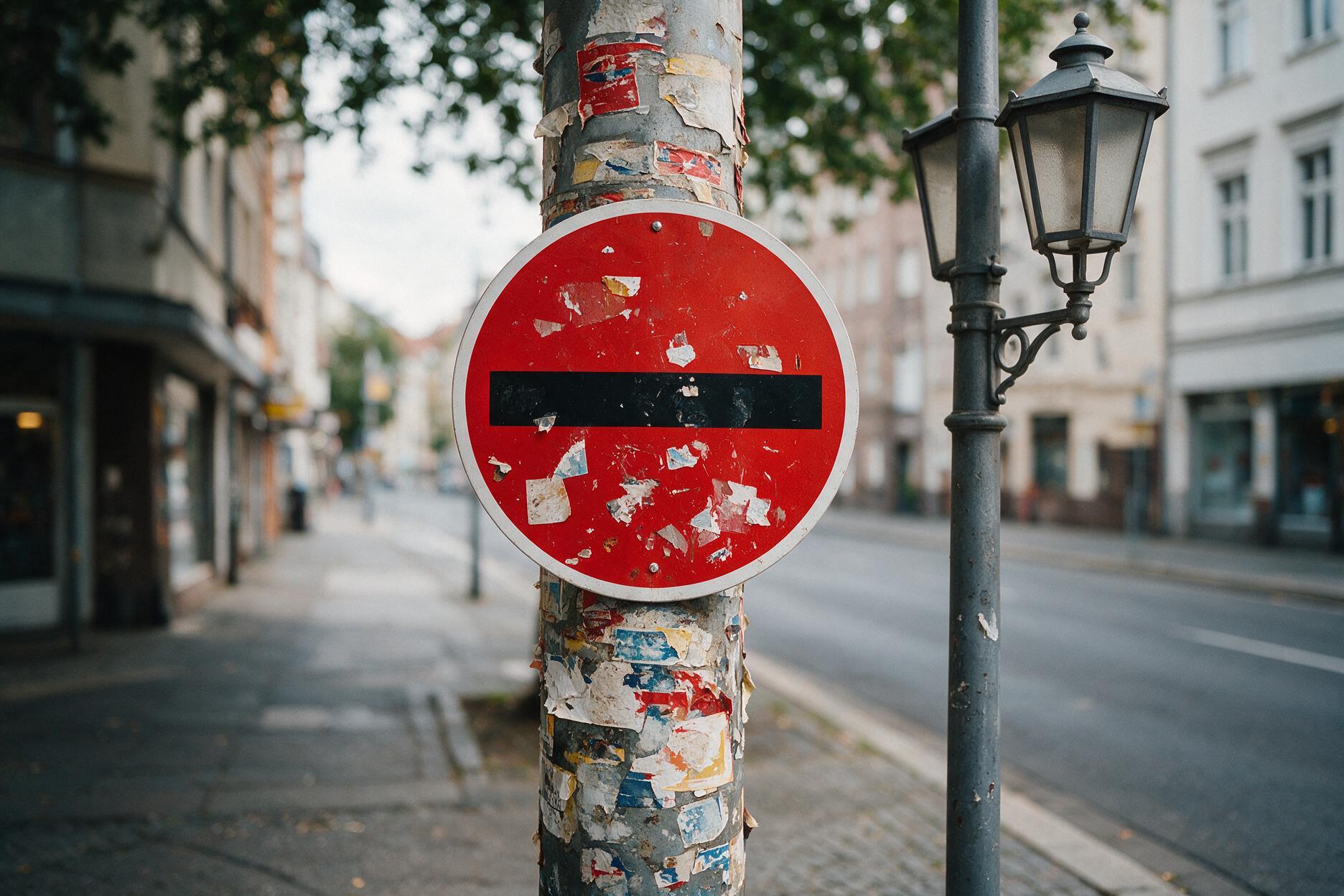 Laternenmast und Straßenschild mit vielen übereinander geklebten, verwitterten Stickern