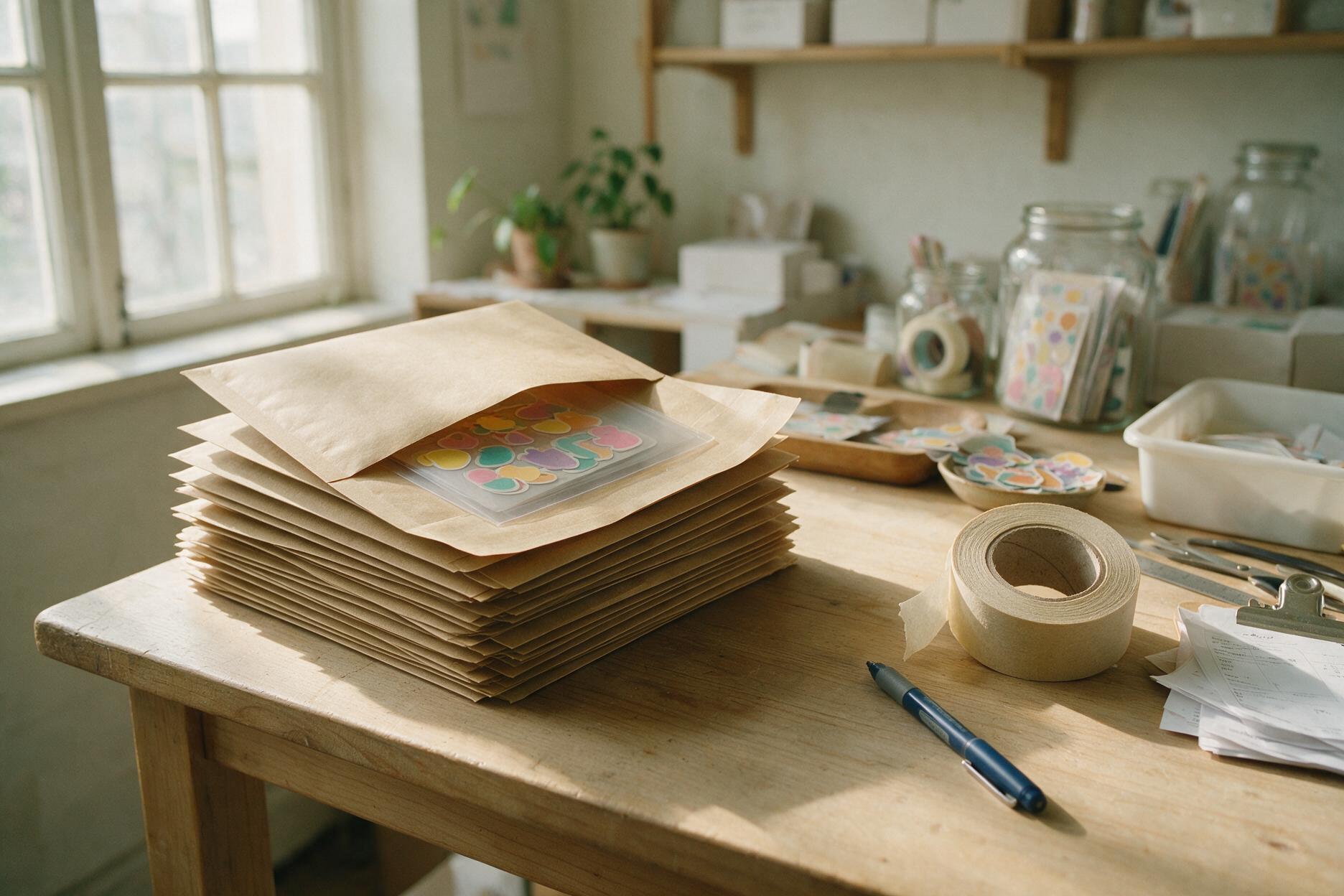 Packstation mit Papierumschlägen, Schutzhülle mit Stickerbogen, Papierklebeband und Auftragszetteln