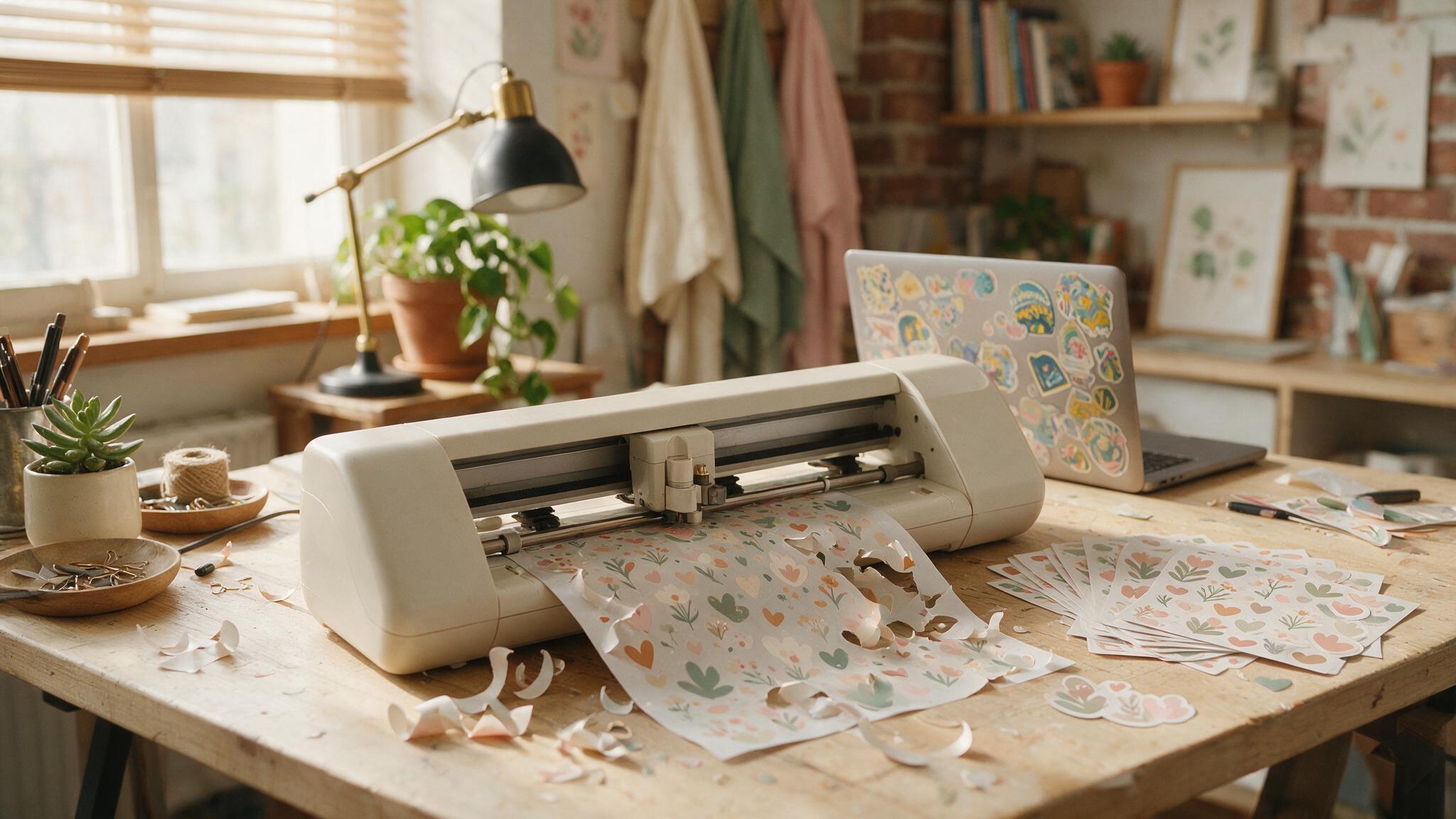 Schneideplotter beim Zuschneiden von Vinyl-Stickerbögen, daneben abgezogene Reste und fertige Sticker